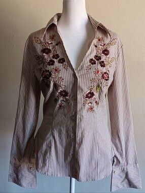 Y2k Embroidered Floral Striped Button Up Collar Shirt, Deep V Neck Womens Small?